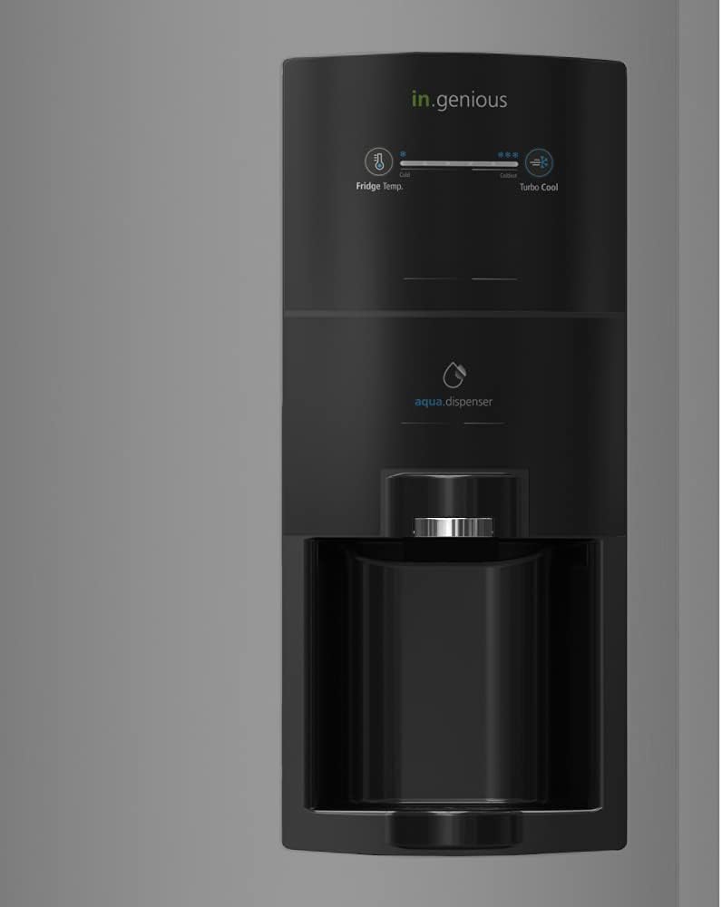 Close-up of the 'in.genious' control panel and aqua.dispenser on the exterior of the Mabe RMB400IAMRE0 refrigerator.