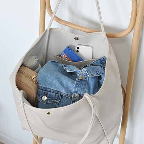 Oversize Pu Leather Tote Women Weekender Bag Shopper Handbag Travel Purse (Ivory) by HOXIS - Used condition - Image 2