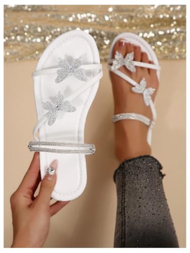 Image of OYOANGLE Women's Silver Rhinestone Sandals Sparkly Dressy Flat Sandals