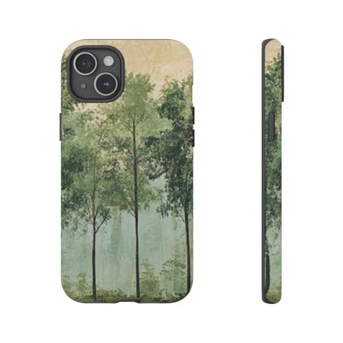 Coque rigide mate iPhone 15 Plus art mural ligne d'arbre verte finition premium
