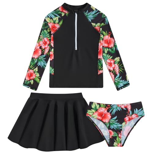 Rashguard for Girls Hawaiian Floral Print Black Swimsuit Long Sleeve Bathing Suits Sun Protect Big Kids Summer Beachwear Size 10-12