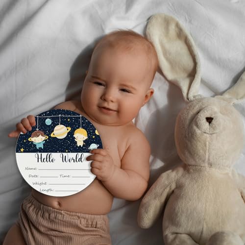 Image of Birth Announcement Sign Hello World Baby Name Wood Space Theme | Round Wood Plaque with Stars & Space Design, Custom Name Date Weight Length Great for Nursery Wall Baby Shower Gifts