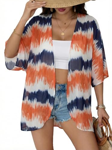 Image of Chunoy Women Floral Beach Wear Cover Up Chiffon Kimono Cardigan Open Front Blouse Top