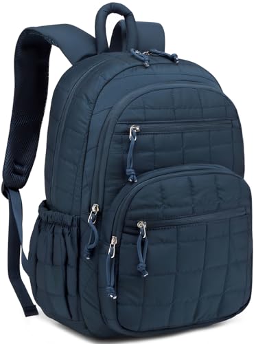Image of Bookbag for Women, Teen Girls Backpack for High School College Student, Puffer Quilted Back Pack Cute Laptop Backpack for Work Travel Mom Casual Daypack, Navy