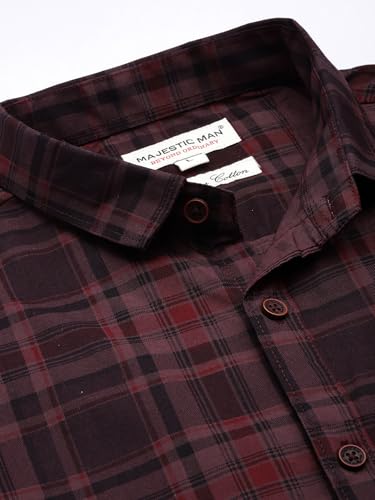 Image of Majestic Man Men Comfort Slim Fit Opaque Checked Pure Cotton Casual Shirt