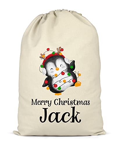 Image of Shopagift Personalised Christmas Sack Penguin Lights Xmas Gift Bag for Presents X-Large 70cm x 50cm