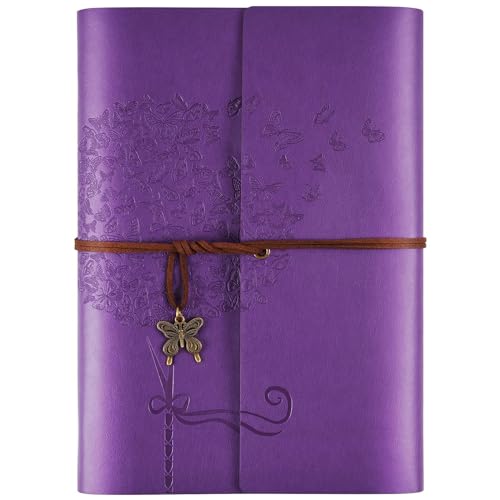 OMEYA Leather Journal Notebook, travel journals for women, refillable butterfly notebook lined personal diary writing notebook gifts A5 16.5 x 23.4cm (purple)