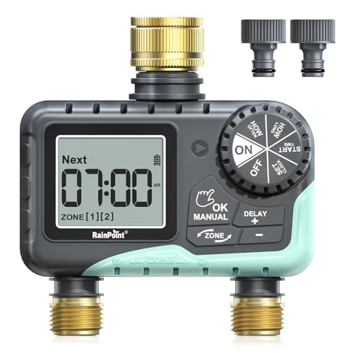 RAINPOINT Centralina Irrigazione 2 Vie, Ingresso e Uscita in Ottone, Timer Irrigazione Automatica Impermeabile IP65 con Ritardo per Pioggia/Bewässerung Manuale, per Prato e Giardino