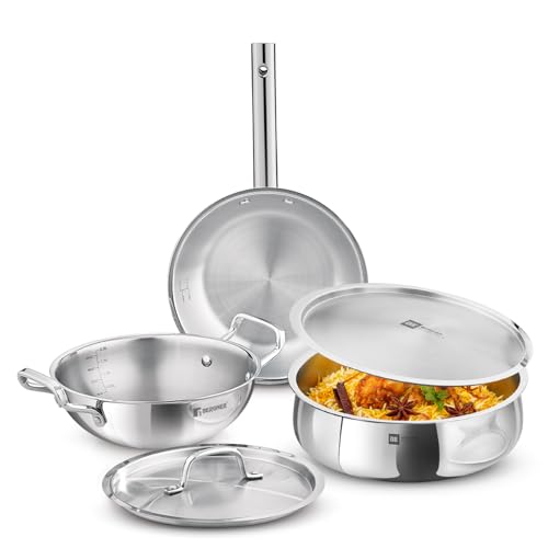 Bergner Tripro BE Essentials 5 Pcs Triply Cookware Set - 24cm Kadai with Lid, 22cm Frypan and 24cm (4.4L) Biryani Handi with Lid, Less Oil Use, Healthy Cooking - Induction and Gas Stove Ready