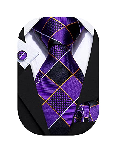 Image of Barry.Wang Plaid Ties Check Mens Necktie Set with Handkerchief Cufflinks Classic Stripe
