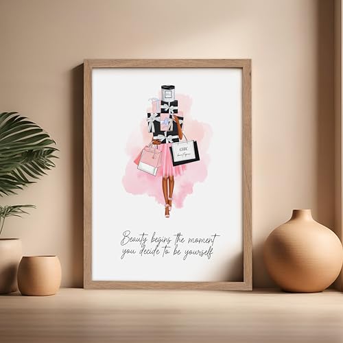 Image of Poster Master Lady with Shopping Bags Poster - Fashion Print - Trendy Art - Modern Art - Gift for Women & Fashionista - Luxury Haute Couture Decor for Bedroom or Girl's Room, 16x20 Beige Framed