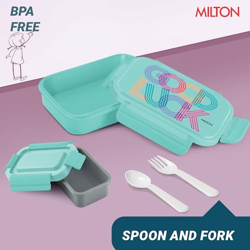 Image of MILTON Big Candy Tiffin Lunch Box for Kids Boys & Girls with Leak-Proof Inner Container| Food Grade,BPA Free,Compact & Durable Snacks Box for Kids I Plastic Spoon & Fork, 830 ml, Aqua Green