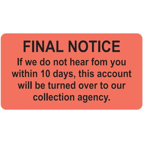 Final Notice Label for Patient Collections, 10-Day Warning, Fluorescent Red 3-1/4" x 1-3/4", Permanent Adhesive, 250 Stickers/Box, Doctor Stuff