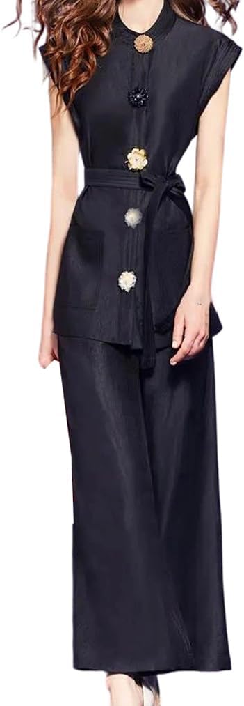 Womens Two Piece Blouse and Pant Suit Summer Loose Style Shirt Wide Leg Trousers Matching Set for Office Workwear