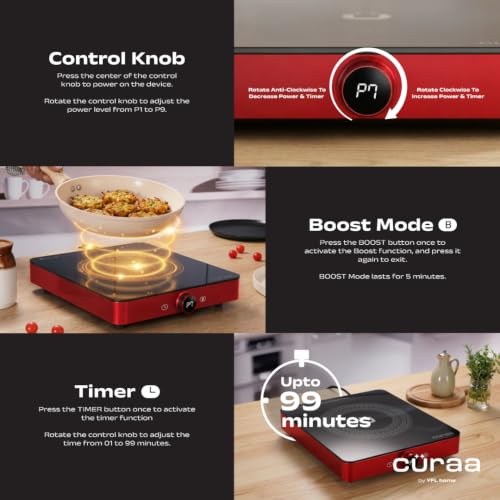 Image of Curaa IndiePro 2100 Watts Induction Cooktop for Indian Kitchens | 6 kV Surge Protection Design for Safety | Rotary Knob control with Timer | Incremental Heat Adjustment | 2 Year Warranty | RED