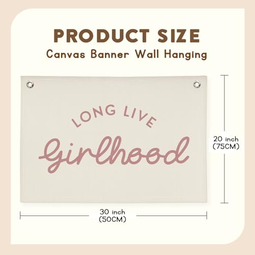 Image of Girls Room Decor Long Live Girlhood Linen Banner Hanging Flag Retro Banner for Nursery Playroom Wall Decor for Kids Bedroom Decorations,Baby shower gifts 30x20 In (Pink Letter)
