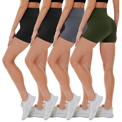CAMPSNAIL 4 Pack Biker Shorts for Women High Waist - 5"/8" Tummy Control Soft Athletic Yoga Workout Running Gym Shorts 5 IN Small-Medium Black/Black/Dark Grey/Army Green, 4 Packs