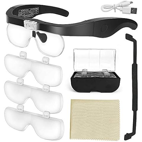 Headband Magnifier with LED Light E-More Head Mounted Magnifying Glasses with 4 Detachable Lenses (1.5X, 2.5X, 3.5X, 5X) Powered by USB Hands Free Magnifier for Reading Electronics Repair Jeweler Cover