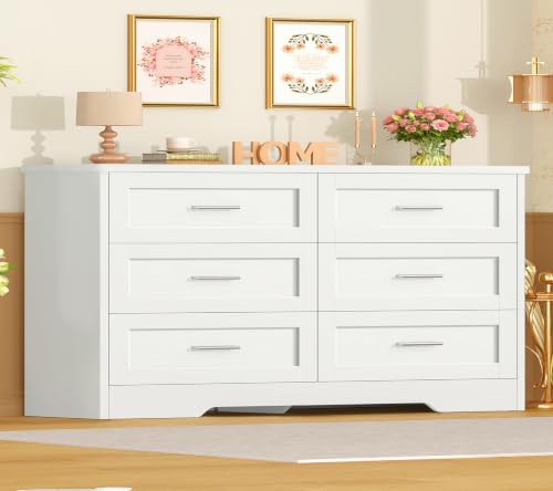 Image of TEENFON 42.1 inchW White Dresser for Bedroom, Modern 6 Drawer Dresser with Metal Handles, Wood Dressers & Chest of Drawers, Wooden Closet Clothes Storage Organizer for Bedroom, Living Room, White