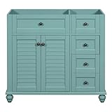Merax 36' Bathroom Vanity Cabinet, Single Bathroom Storage Vanity with Louvered Doors and Drawers, Solid Wood Frame Bathroom Vanities Without Sink (Teal Without Sink)