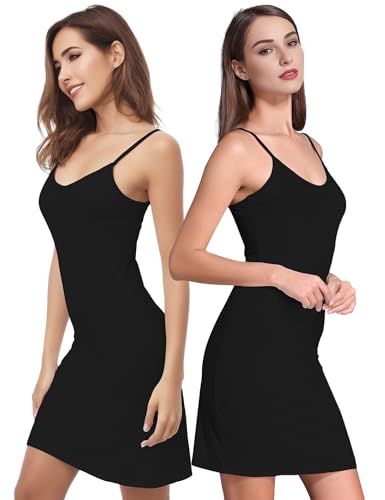 Image of Buauty 2 Packs Full Slip Dress for Women, Adjustable Spaghetti Strap No Static Cami Mini Slips for Under Dress Nightgown