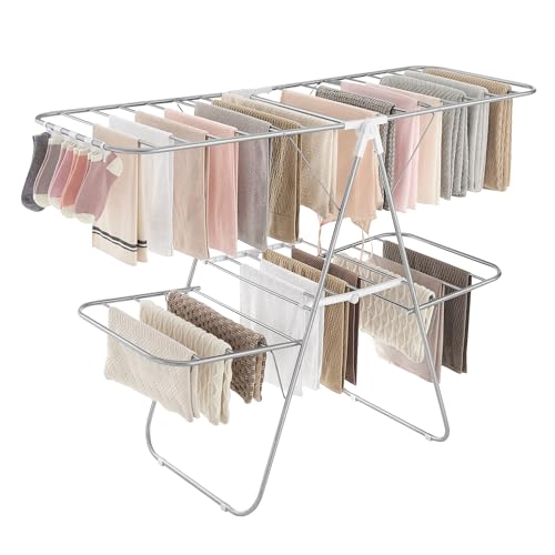 SONGMICS Clothes Drying Rack Foldable 2-Level Laundry Drying Rack Free-Standing Large Drying Rack with Height-Adjustable Wings 33 Drying Rails Sock Clips Silver and White ULLR053W01