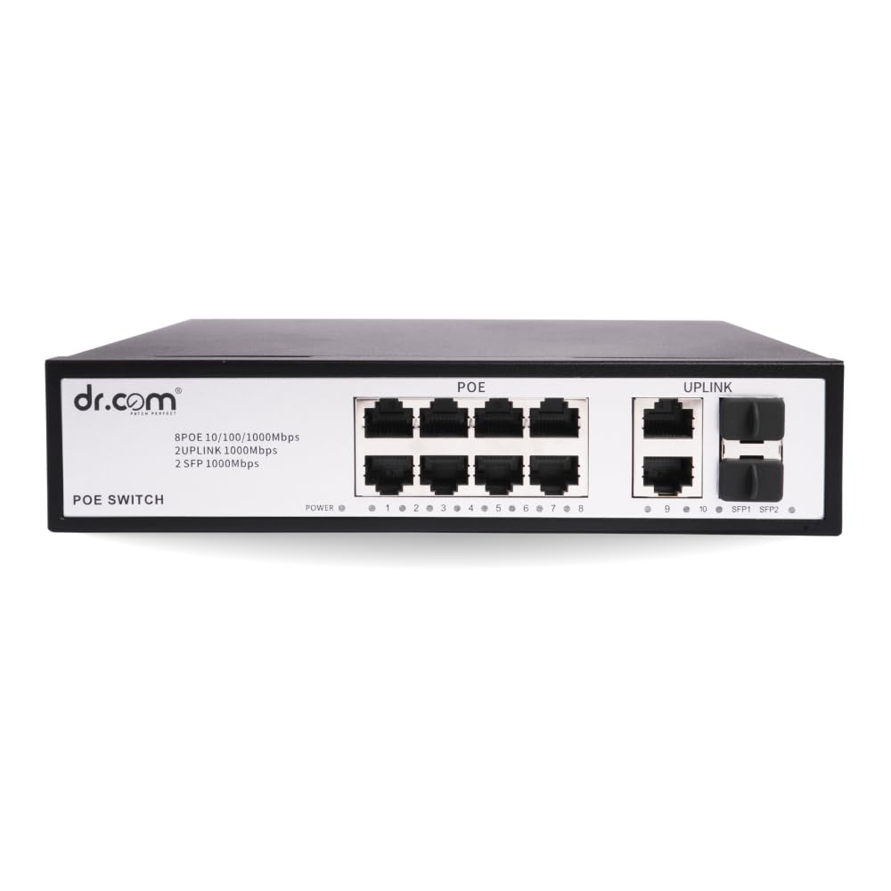 DR.COM 12 Port Gigabit PoE Switch with 8 PoE Ports 2 Uplink Ports and 2 SFP Slots 10/100/1000 Mbps 120W Power IEEE 802.3af/at Network Switch for CCTV Plug and Play Metal Body Black-image-29