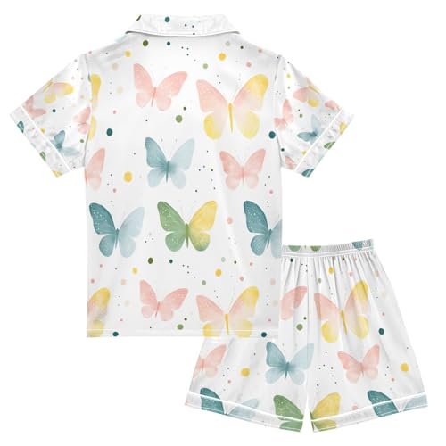 senya Watercolor Butterflies Colored Satin Summer Pajama Sets Silk Short Sleeve Button Down Sleepwear2