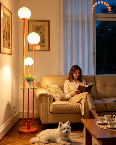 Image of Lightdot 63IN Orange Floor Lamp with Shelf Mid Century Modern Tall Standing Lamps with 3000K Warm White Bulb Included Dimmable Globe Floor Lamp with 5Lbs Heavy Base for Living Room /Party /Corner Decor