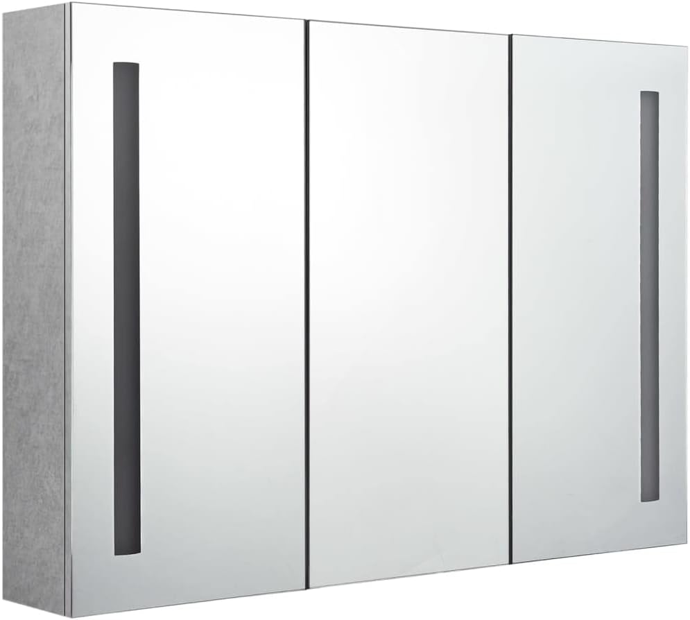 LED Bathroom Mirror Cabinet with Built-in Lights Concrete Gray MDF Melamine Finish Glass Mirror 5 Compartments USB Powered Modern Storage Unit