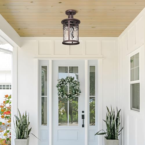 Darkaway Semi Ceiling Light Fixtures, Dusk to Dawn Flush Mount 14.37inch Large Ceiling Lighting with Waterproof Water Ripple Glass Shade for Outdoor Hallway Porch Entryway by Darkaway - Used condition - Image 7