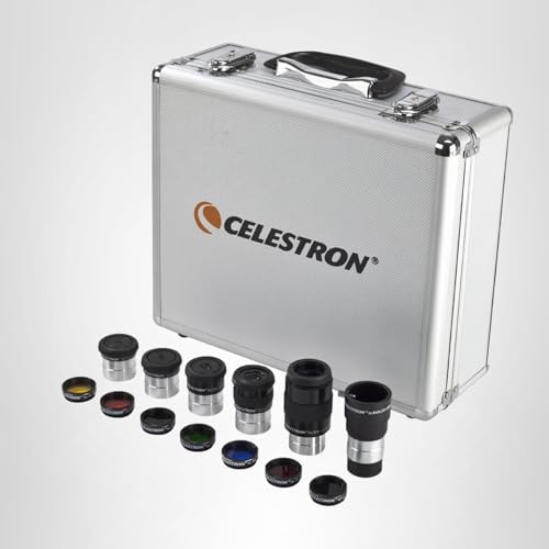 Celestron 94303 1.25 Inch Eyepiece & Filter Kit - Includes 14 Pieces in Metal Foam-Lined Carry Case, Silver