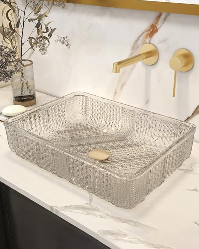 Homary Rectangle Vessel Sink, 18.1' x 13' Diamond Clear Crystal Glass Bathroom Sink Above Counter...