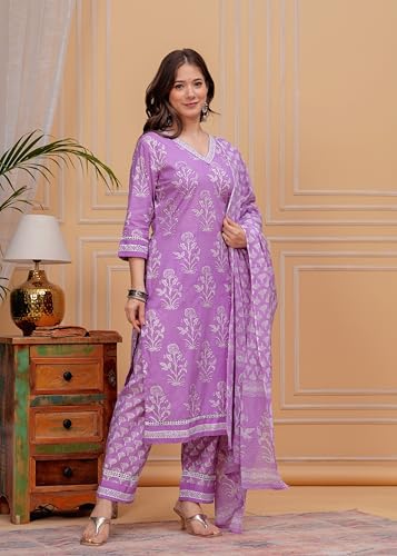 Image of MEERA FAB Women's Cotton Blend Straight Printed Kurta with Palazzo & Dupatta