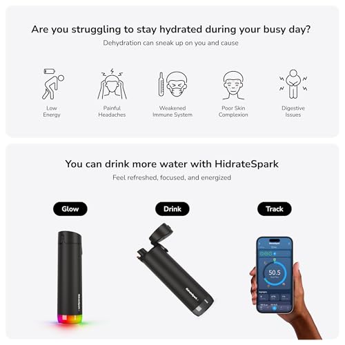 Image of Hidrate Spark PRO Smart Water Bottle - Tracks Water Intake & Glows to Remind You to Stay Hydrated, Chug & Straw lid, 21oz, Black