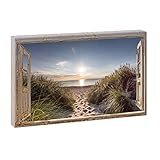 Bild auf Leinwand mit Fenster-Motiv Fensterblick Dünenweg | 120 x 80 cm, Farbig, quer, Wandbild, Leinwandbild mit Kunstdruck, Fensterblickbild auf Holzrahmen gespannt, 80x120 cm