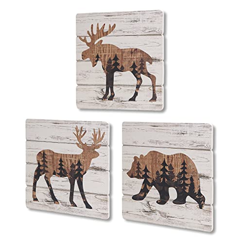 Nikky Home Cabin Wall Decor, Bear Deer Moose Rustic Farmhouse Wooden Bathroom Wall Art Pictures, Country House Elk Animal Woodland Lodge Wildlife Painting Prints Hunting Decoration Set Of 3 #TOP8
