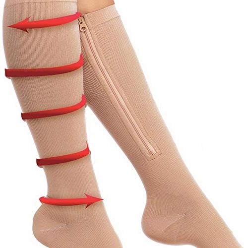 2-Pack Zipper Compression Socks for Men/Women with Open Toe, Knee High 20-30mmHg Compression Support Hose (Beige, L/XL)