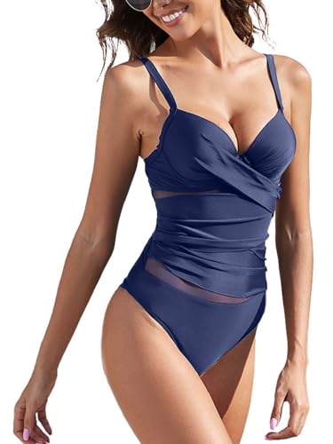 Yutdeng Traje de Baño Mujer Una Pieza Push Up Bañador Reductor Barriga Bañadores con Aros Vientre Plano Cintura con Malla Bañador Deportivo Mujer Bañadores Natacion Talla Grande,Azul Marino,L