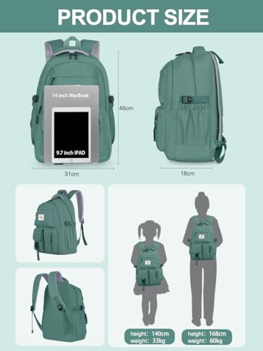 FIORETTO schulrucksack Teenager Mädchen Damen Schulranzen Schultasche School Bag Rucksack Schule 14 Laptopfach, Wasserabweisend & Leicht Dunkelgrün