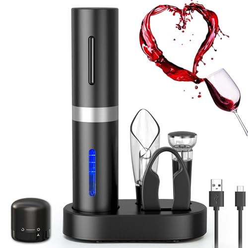 ZOYIDOUX Abridor de vino eléctrico recargable 7 en 1 Juego de regalo,Sacacorchos eléctrico con base de Carga,Cortador,Tapón de vacío de silicona,Tapón para vino,Vertedor,Línea USB