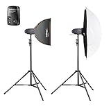 Set inkl. integriertem 16-Kanal-Empfänger und Funkauslöser, 1 walimex pro Orange Line 40x40 cm, 1 Schirmsoftbox Durchlicht cm, 2 Lampenstativen 200cm. 2x Walimex Pro Newcomer 300 Studioblitz