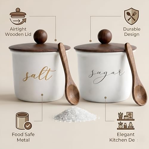 Image of Sugar and Salt Storage Canister Set of 2, White Metal, Airtight Acacia Wood Lid, 800ml, with Wooden Spoon, Food Safe Kitchen Storage Container /Jar