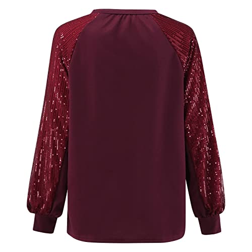 Workout Tops For Women Womans Shirts/Tops Plus Size Maternity Tops Womens Sparkle Sequin Tops Shimmer Glitter Long Sleeve Blouses Crewneck Loose Fit Shirts Teacher Shirts (Wine, Xx-Large) #TOP4