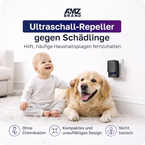 AMZ BRAND Ultraschall Schädlingsbekämpfer 2er Pack - Leistungsstarker Mäusevertreiber - 3 Arbeitsmodi - Breites Frequenzspektrum - Ideal für Mäuse, Ratten, Mücken, Kakerlaken, Motten, Ameisen