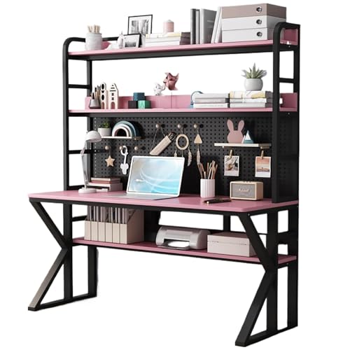 OOPDNEGAK 大型モダンコンピュータデスク メタルフレーム&収納ラック付き 学習ライティングテーブル ワークステーション ホームオフィス用 ペグボード付きゲームデスク (ピンクブラック、35.4インチ)