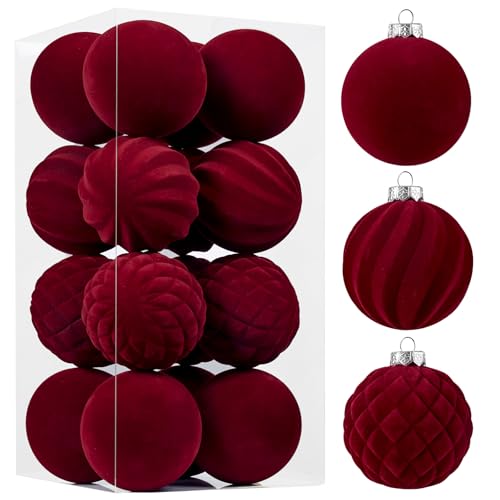 Wironlst Velvet Ornaments for Christmas Tree, 3 Style Flocked Matte Velvet Christmas Ball Ornaments, Shatterproof Decor for Xmas Tree Wedding Holiday Party Home(3.15" 16pcs Burgundy)