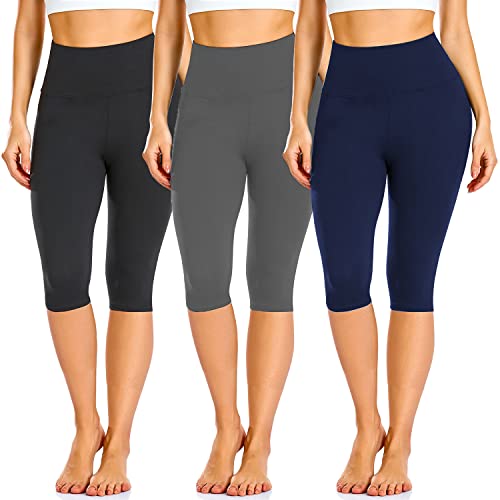 Fullsoft Women's Knee Length Leggings-High Waisted Capri Pants Biker Shorts For Women Yoga Workout Exercise Short Casual Summer(3 Pack Capri Biack,Grey,Navy Blue,Large-X-Large) #TOP11