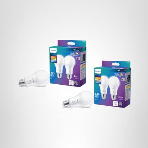 PHILIPS LED 100W A19 4-Pack Selectable White Multi-CCT 1500 Lumen (14W = 100W) Dimmable Flicker-Free Light Bulbs