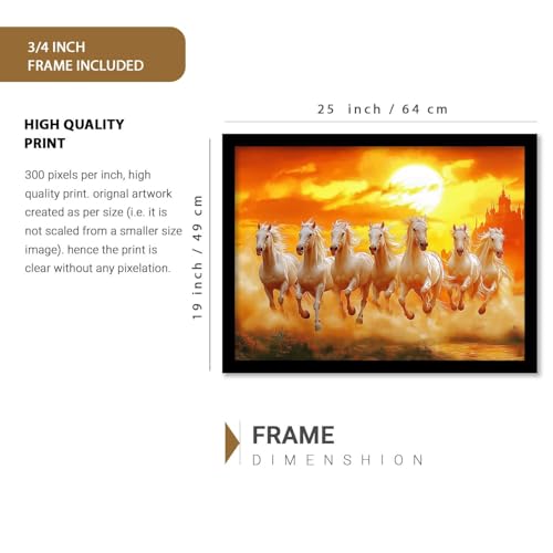 Image of HOTHOUSE Seven Running Vastu Lucky Horse Rising Sun Painting Wall Decor | 7 Horses Vastu Frame Wall Art Painting for Living Room Bedroom Office Home Decor Size (19X25 inch)